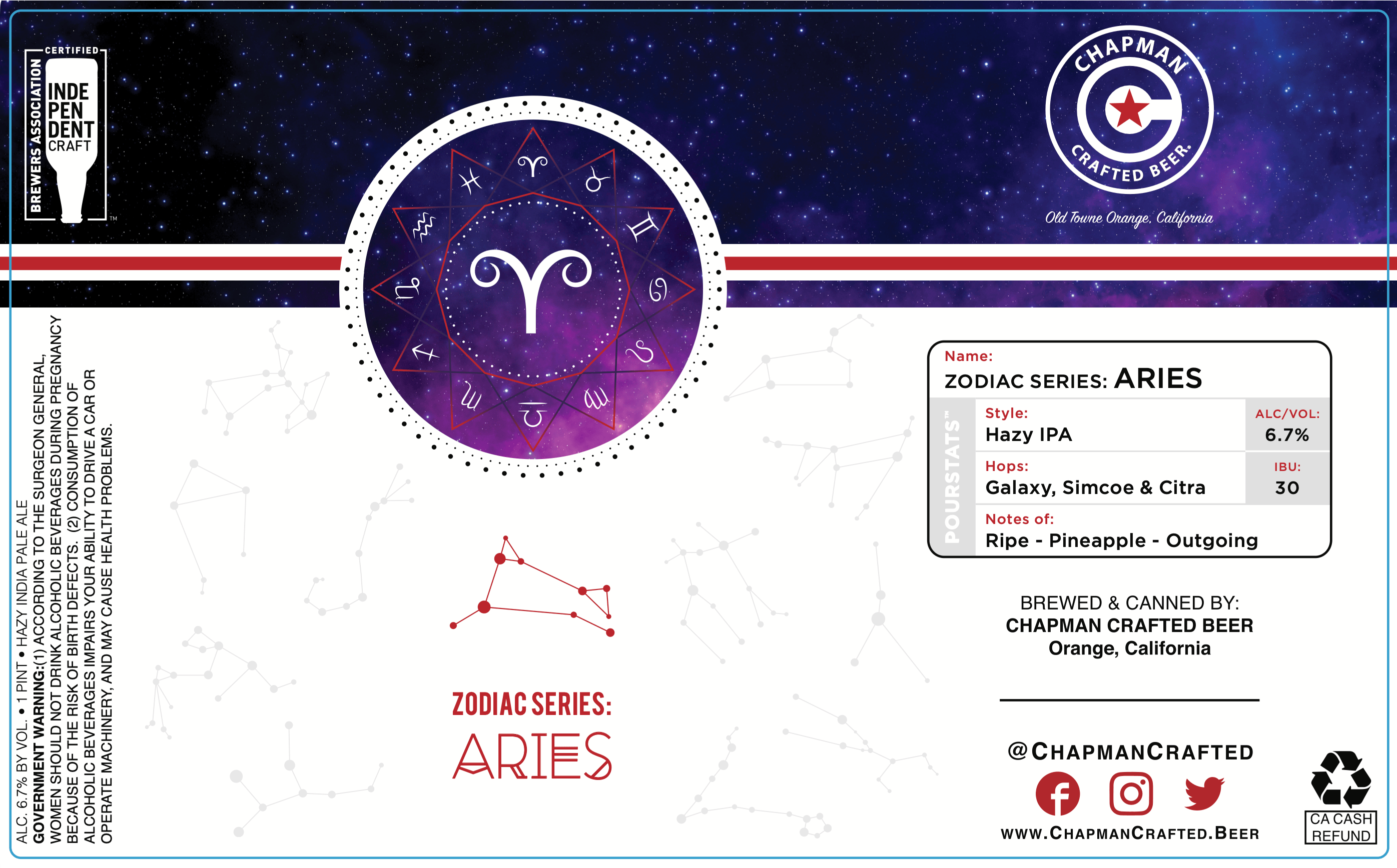 Chapman Craft Beer — Zodiac Series Aries label unwrapped, showing full design with zodiac wheel, constellation, and PourStats table
